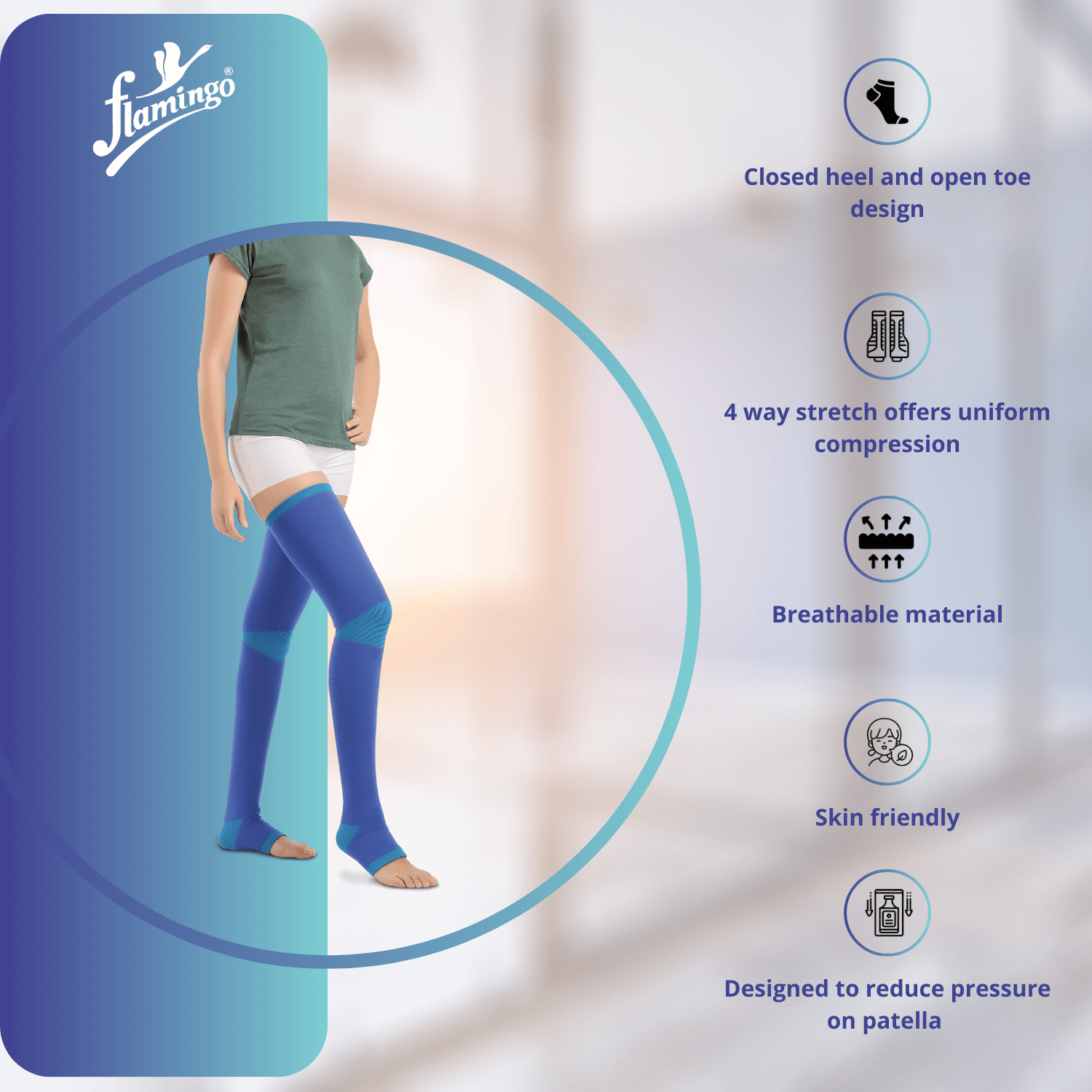 Flamingo Varicose Vein Stockings, compression stockings, leg swelling relief, varicose veins, tired legs, breathable stockings, open toe design, daily wear support.
