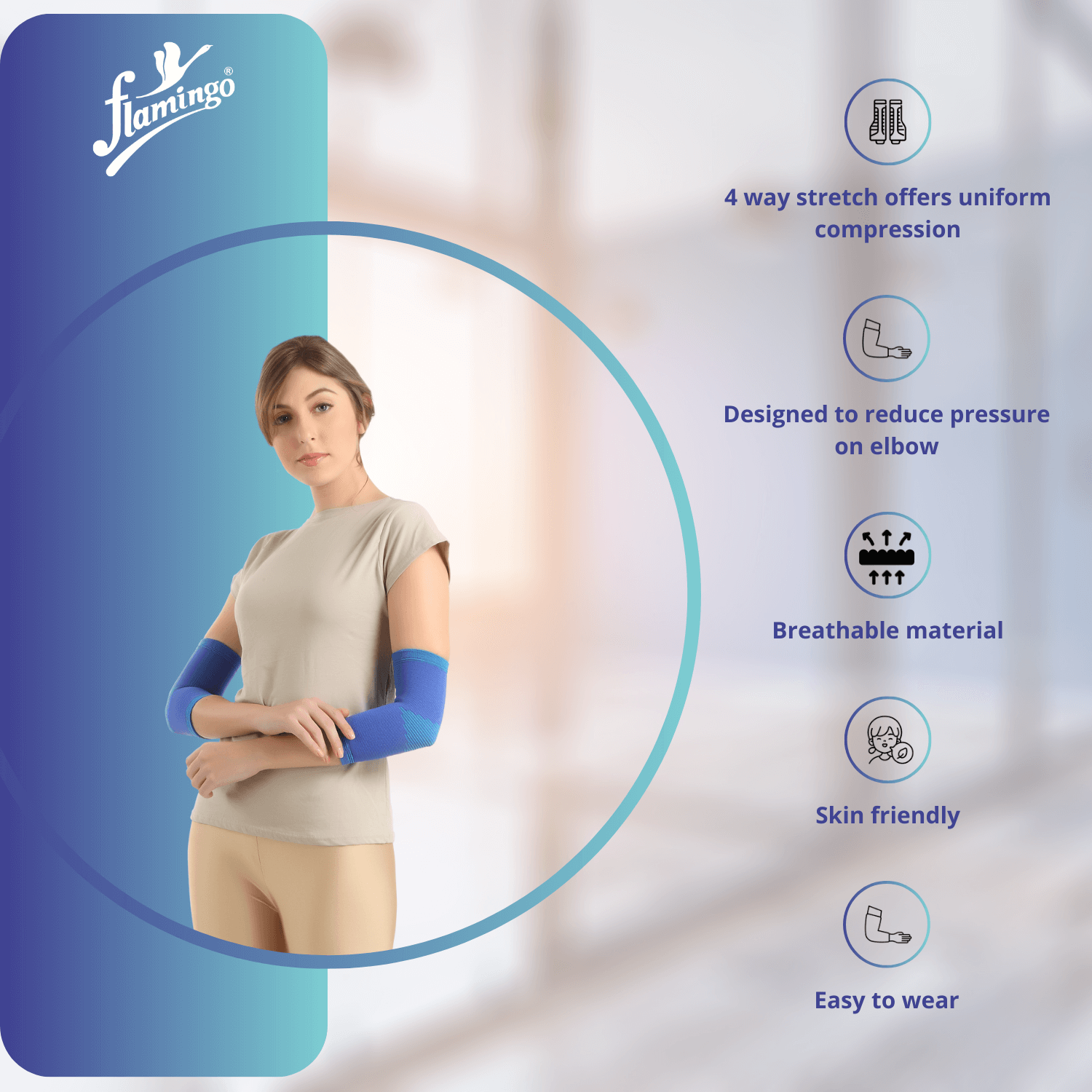Flamingo Premium Elbow Support, elbow support, arthritis elbow support, sports injury elbow brace, compression elbow support, elbow pain relief, flexible elbow sleeve.