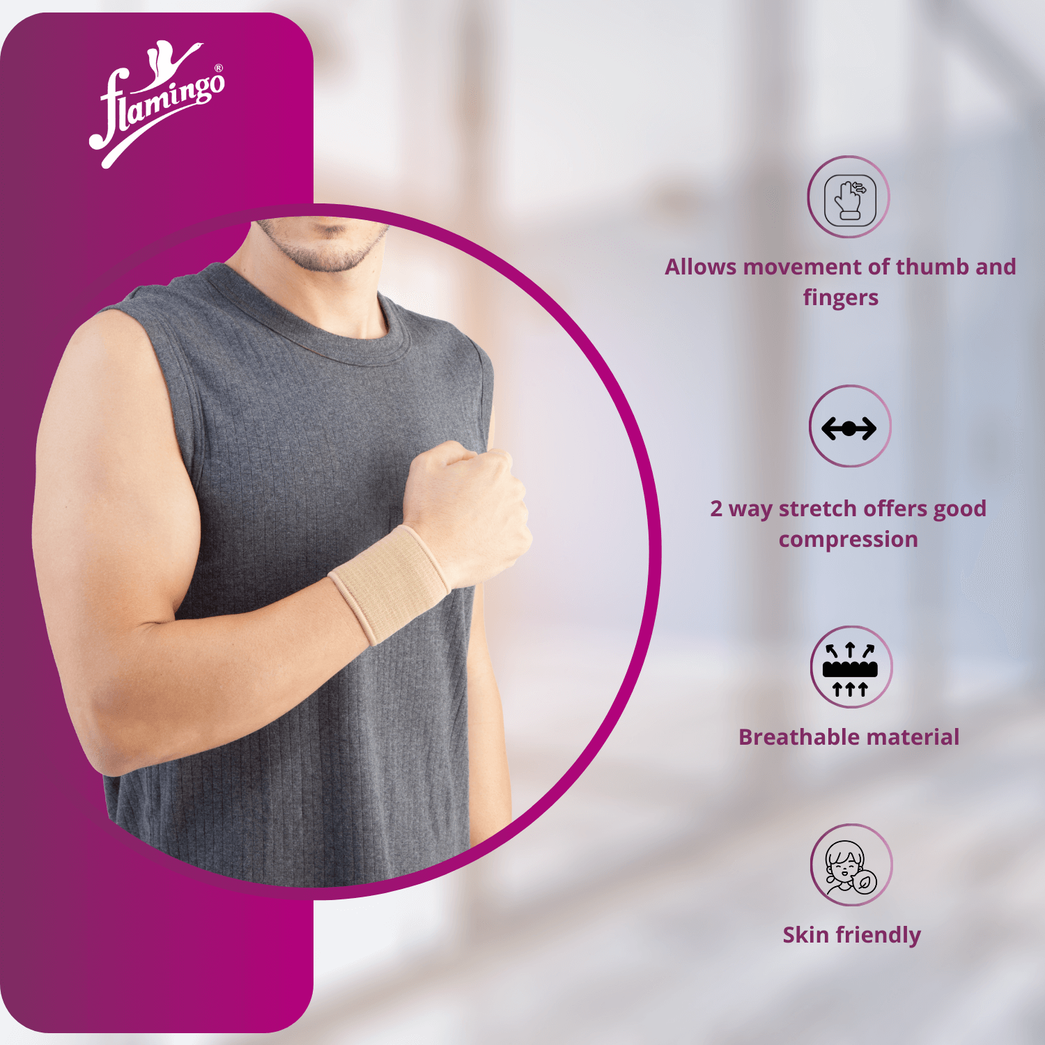 Flamingo Tubular Wrist Support, wrist compression, wrist injury support, sprained wrist support, sports wrist support, mild wrist support, universal wrist fit.
