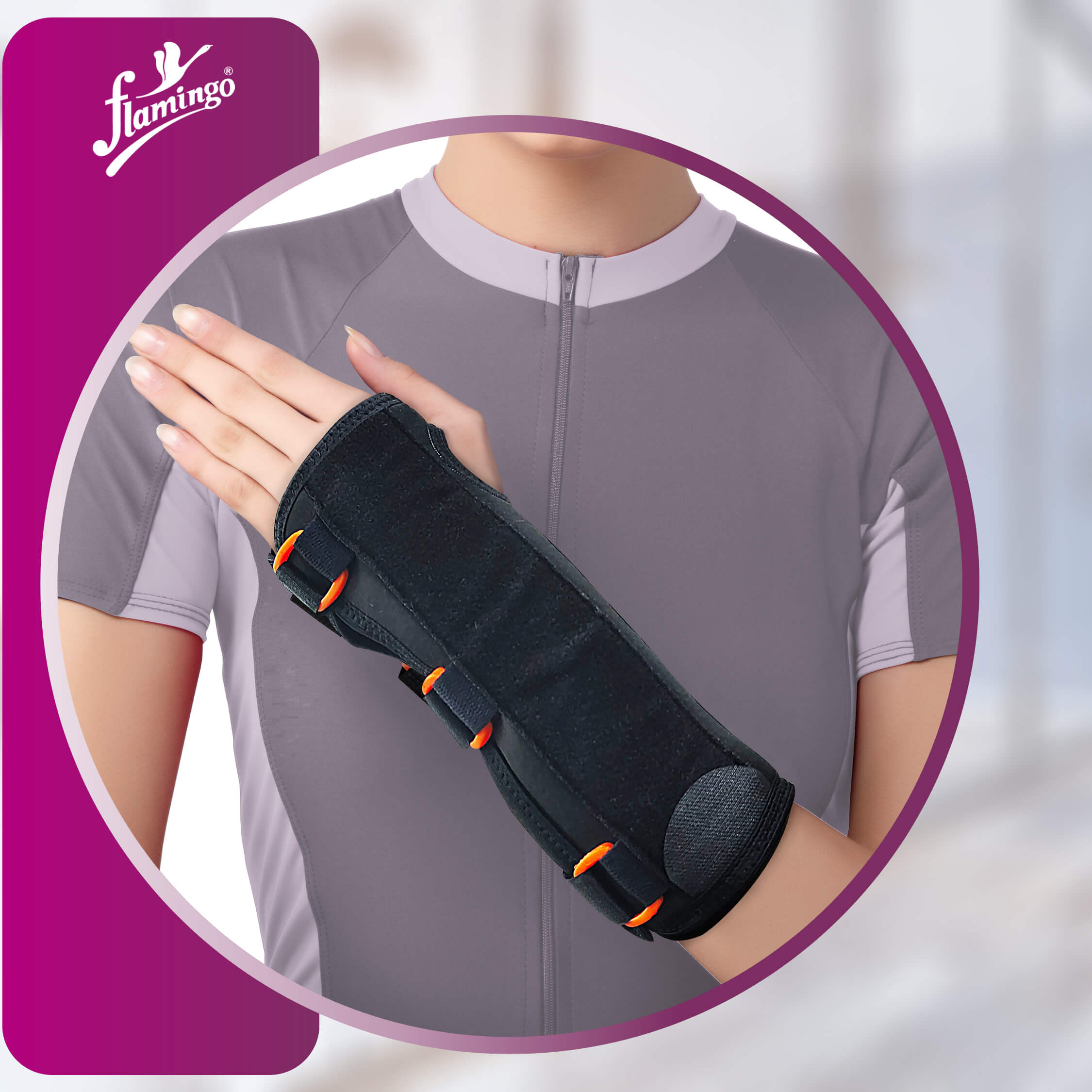 Flamingo Wrist Cock-up Splint, wrist immobilization, wrist injury support, post-cast wrist care, adjustable wrist splint, wrist pain relief, sprain support, firm wrist support.
