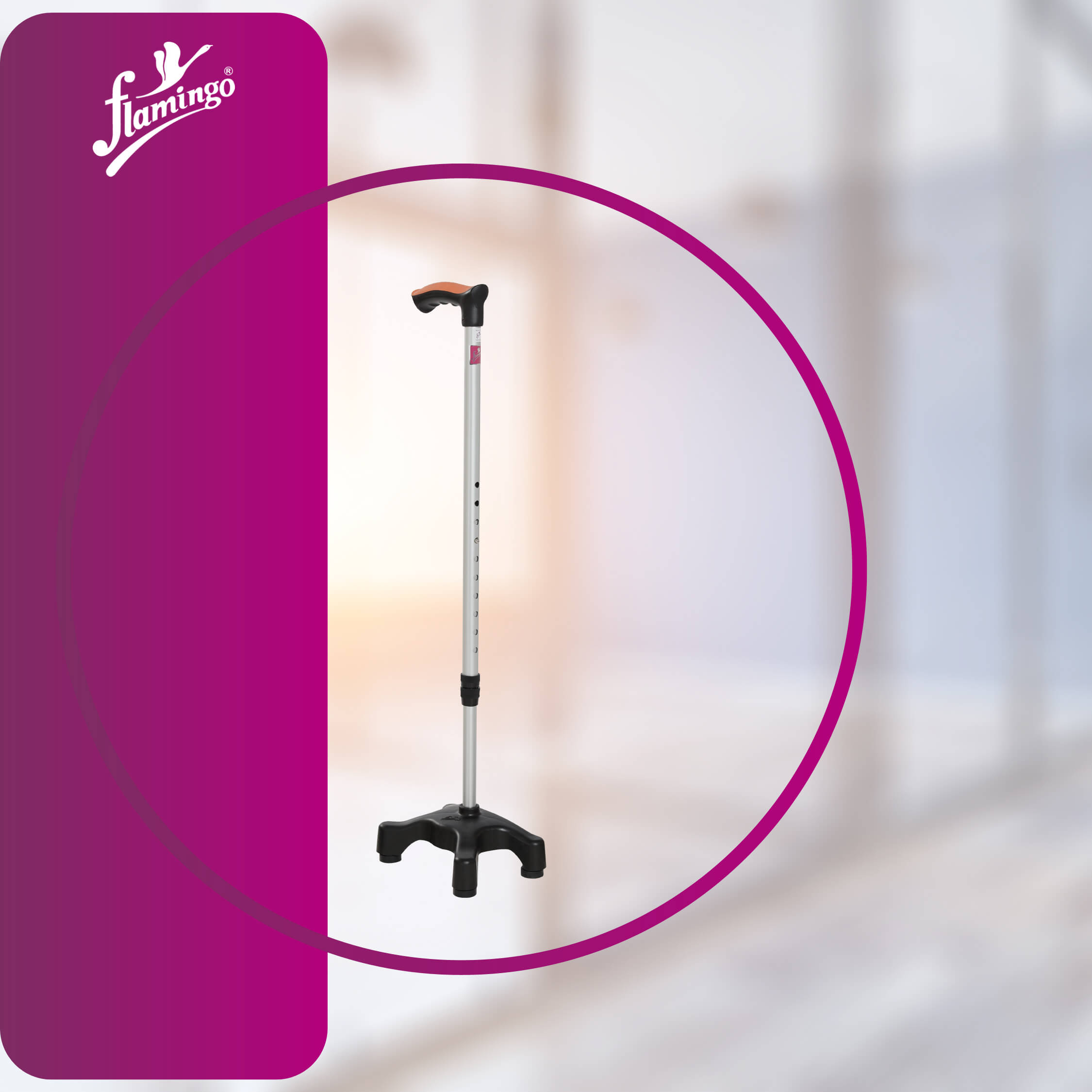 Flamingo quadripod walking stick
mobility support
ergonomic walking stick
quadra base cane
adjustable height walking cane
stable walking stick
anti-slip cane
mobility aid for balance
durable walking cane
universal walking stick
walking aid for seniors
four-point walking stick
anodized aluminum walking cane
