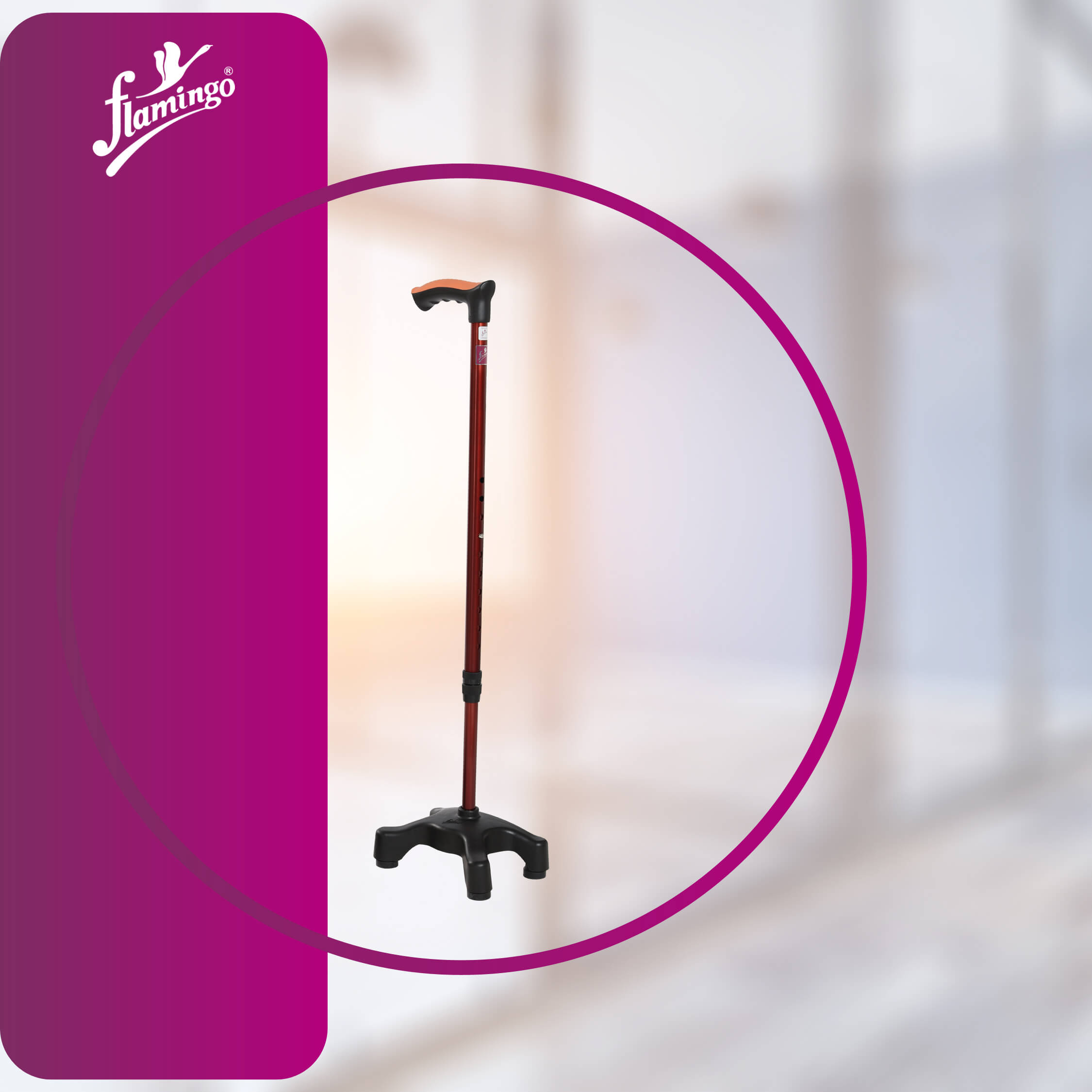 Flamingo quadripod walking stick
mobility support
ergonomic walking stick
quadra base cane
adjustable height walking cane
stable walking stick
anti-slip cane
mobility aid for balance
durable walking cane
universal walking stick
walking aid for seniors
four-point walking stick
anodized aluminum walking cane
