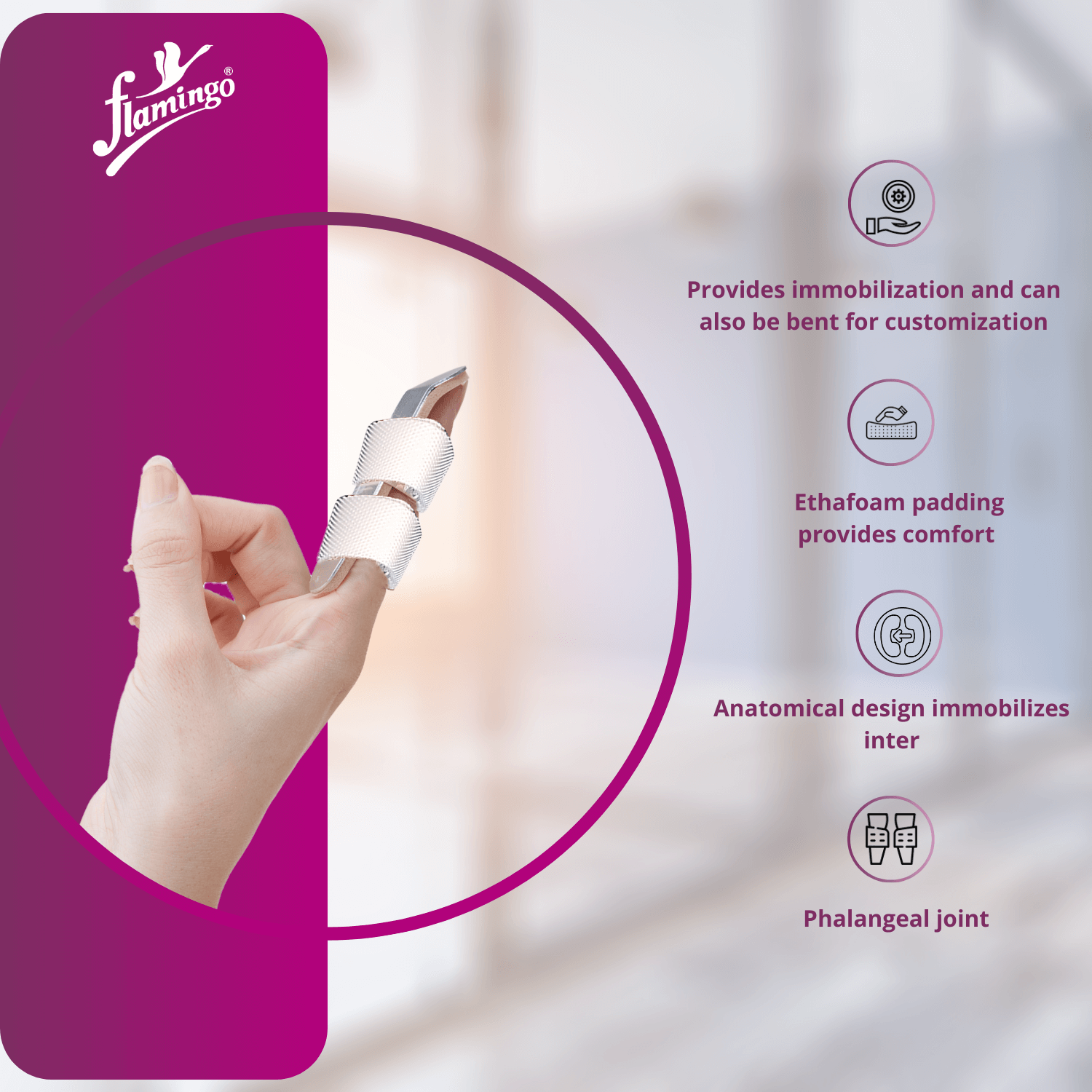 Flamingo Spoon Splint, finger sprain splint, dislocated finger support, malleable aluminum splint, finger fracture support, hook and loop splint.
