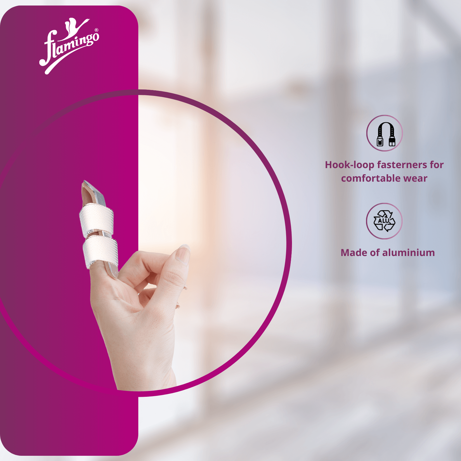 Flamingo Spoon Splint, finger sprain splint, dislocated finger support, malleable aluminum splint, finger fracture support, hook and loop splint.
