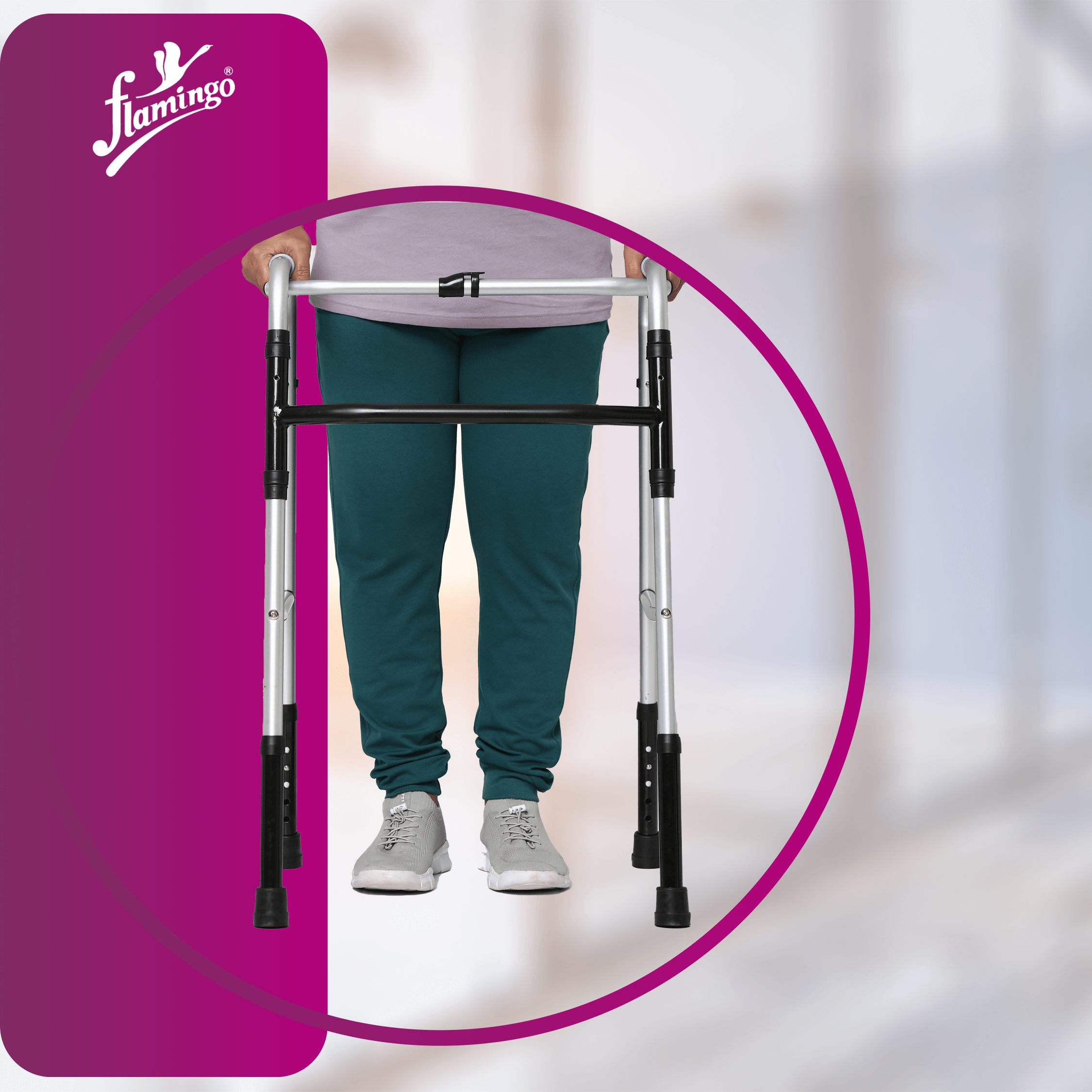 Flamingo reciprocal folding walker
mobility aid
adjustable height walker
ergonomic walker for stability
durable aluminum frame walker
compact folding walker
comfortable walking aid
walker for seniors
mobility walker with rubber bottom
four-legged walker
walker for stability
reciprocal movement walker
