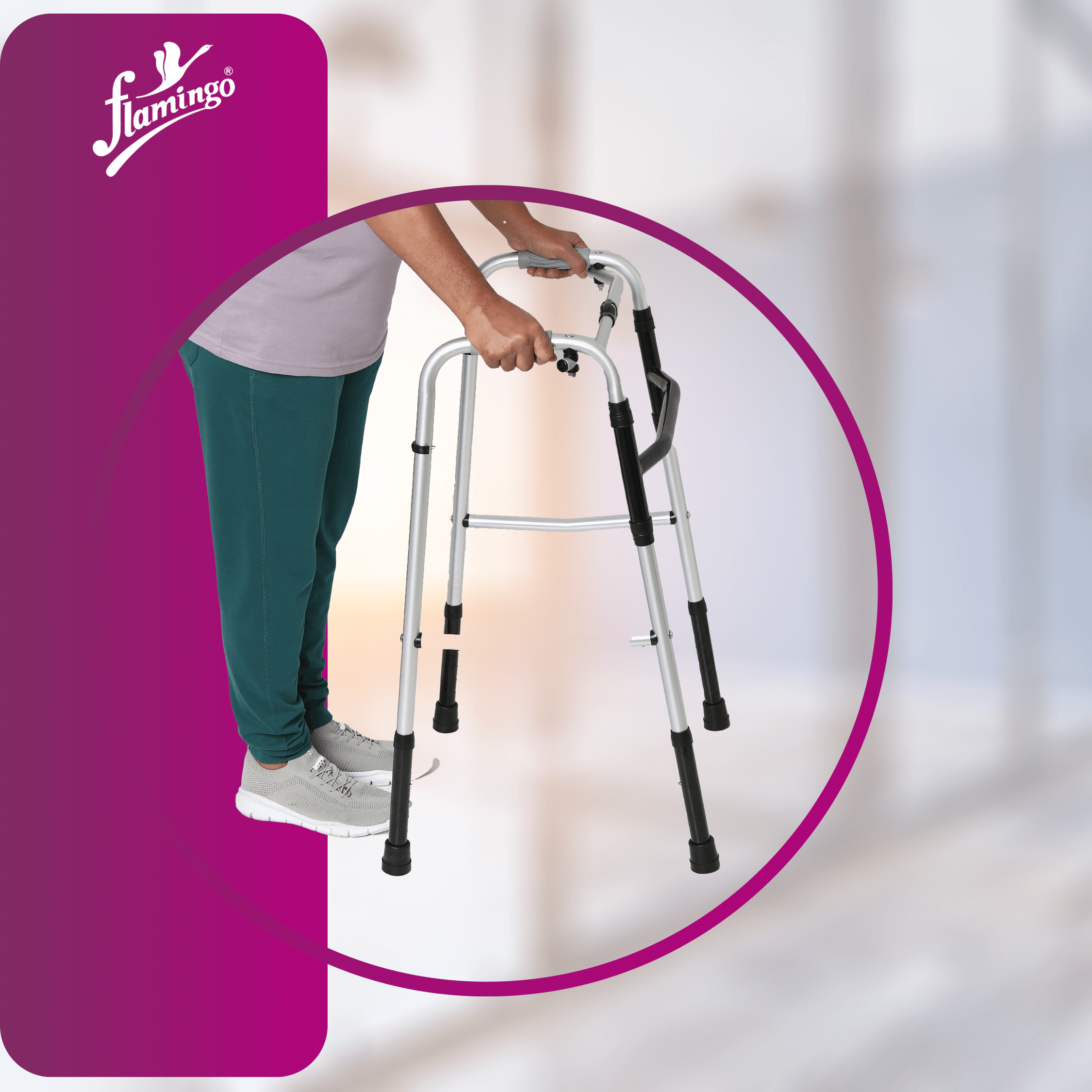 Flamingo reciprocal folding walker
mobility aid
adjustable height walker
ergonomic walker for stability
durable aluminum frame walker
compact folding walker
comfortable walking aid
walker for seniors
mobility walker with rubber bottom
four-legged walker
walker for stability
reciprocal movement walker
