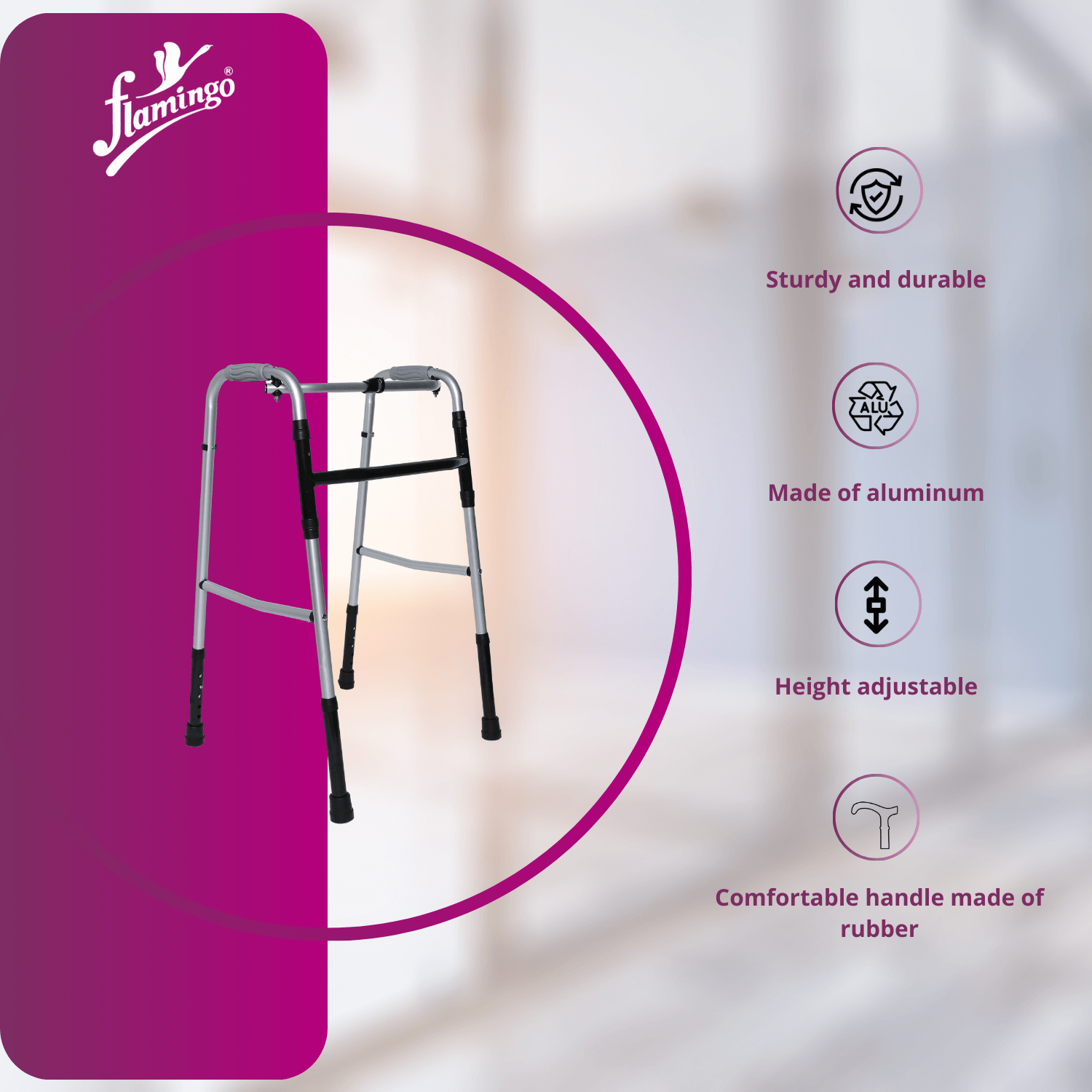 Flamingo reciprocal folding walker
mobility aid
adjustable height walker
ergonomic walker for stability
durable aluminum frame walker
compact folding walker
comfortable walking aid
walker for seniors
mobility walker with rubber bottom
four-legged walker
walker for stability
reciprocal movement walker
