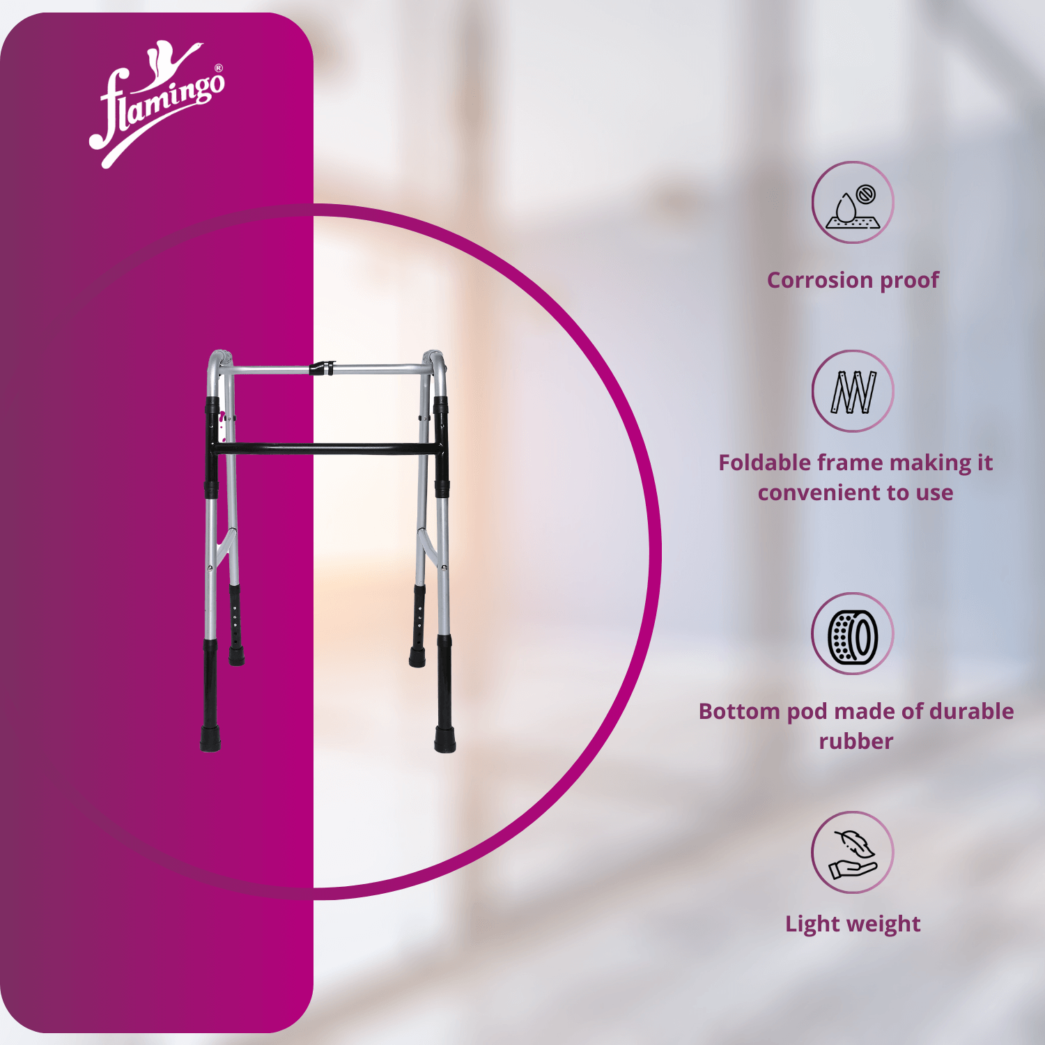 Flamingo reciprocal folding walker
mobility aid
adjustable height walker
ergonomic walker for stability
durable aluminum frame walker
compact folding walker
comfortable walking aid
walker for seniors
mobility walker with rubber bottom
four-legged walker
walker for stability
reciprocal movement walker
