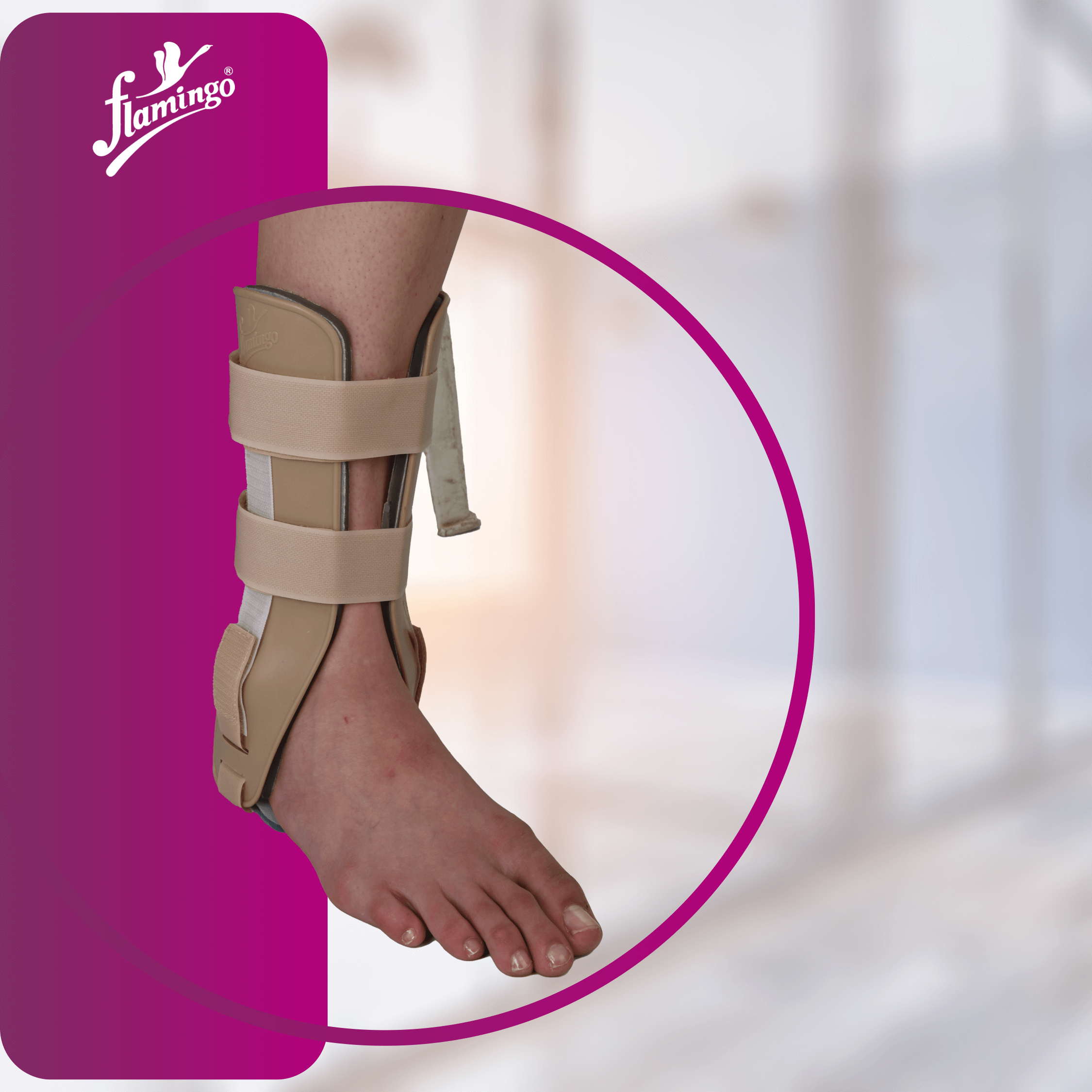 Flamingo Stirrup Ankle Brace, Achilles tendonitis support, ankle instability, post-operative ankle support, semi-rigid ankle brace, ankle joint protection.
