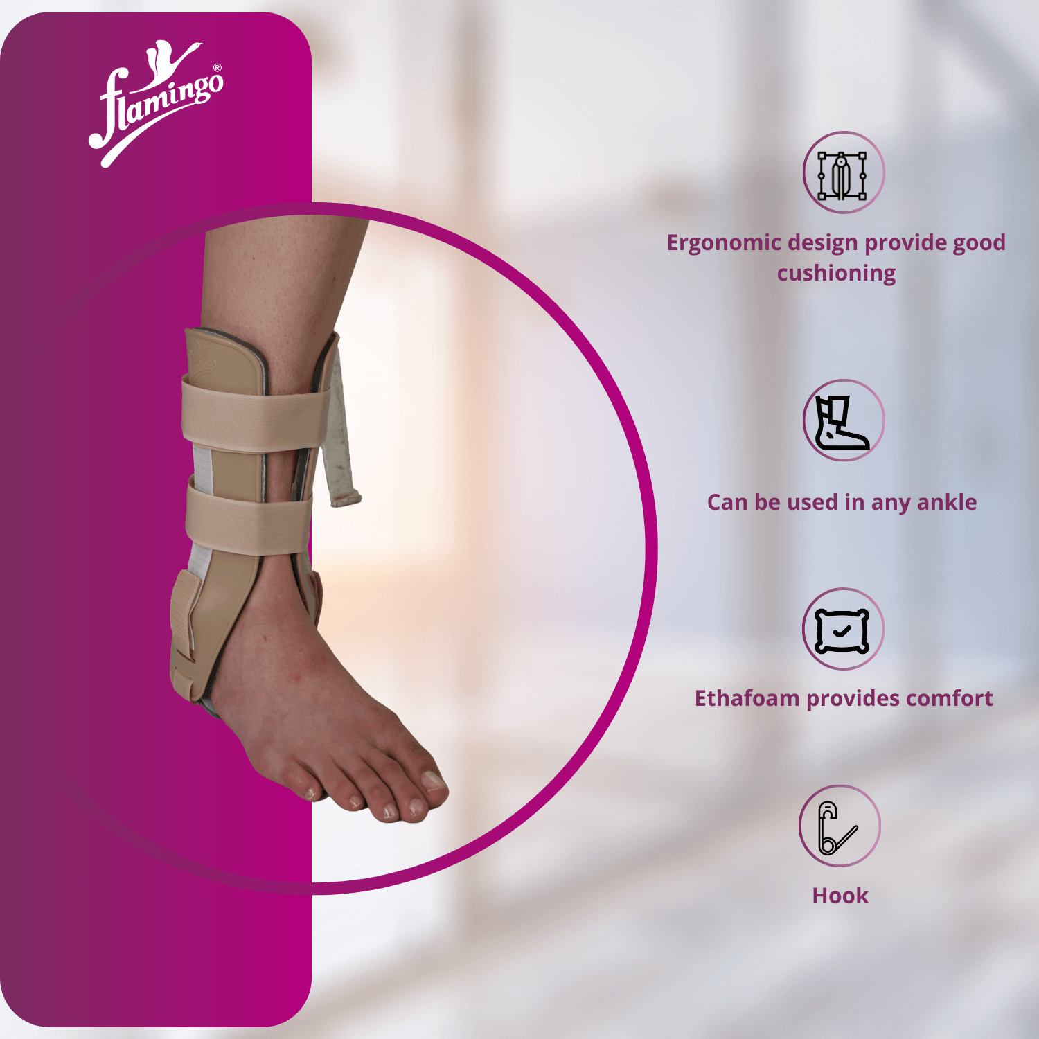 Flamingo Stirrup Ankle Brace, Achilles tendonitis support, ankle instability, post-operative ankle support, semi-rigid ankle brace, ankle joint protection.
