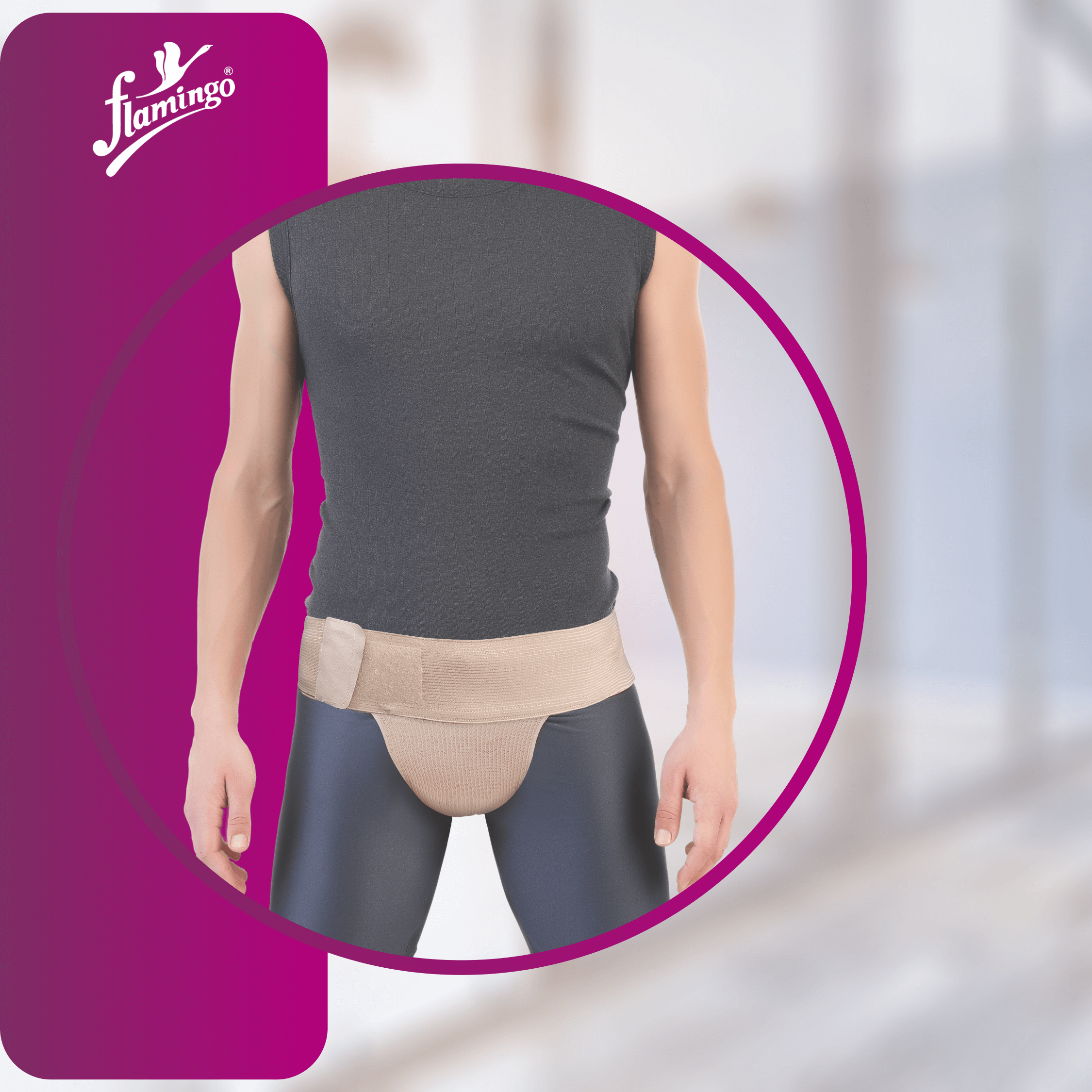 Flamingo Scrotal Support, scrotal support, post-surgery support, adjustable waistband support, cremaster muscle support.
