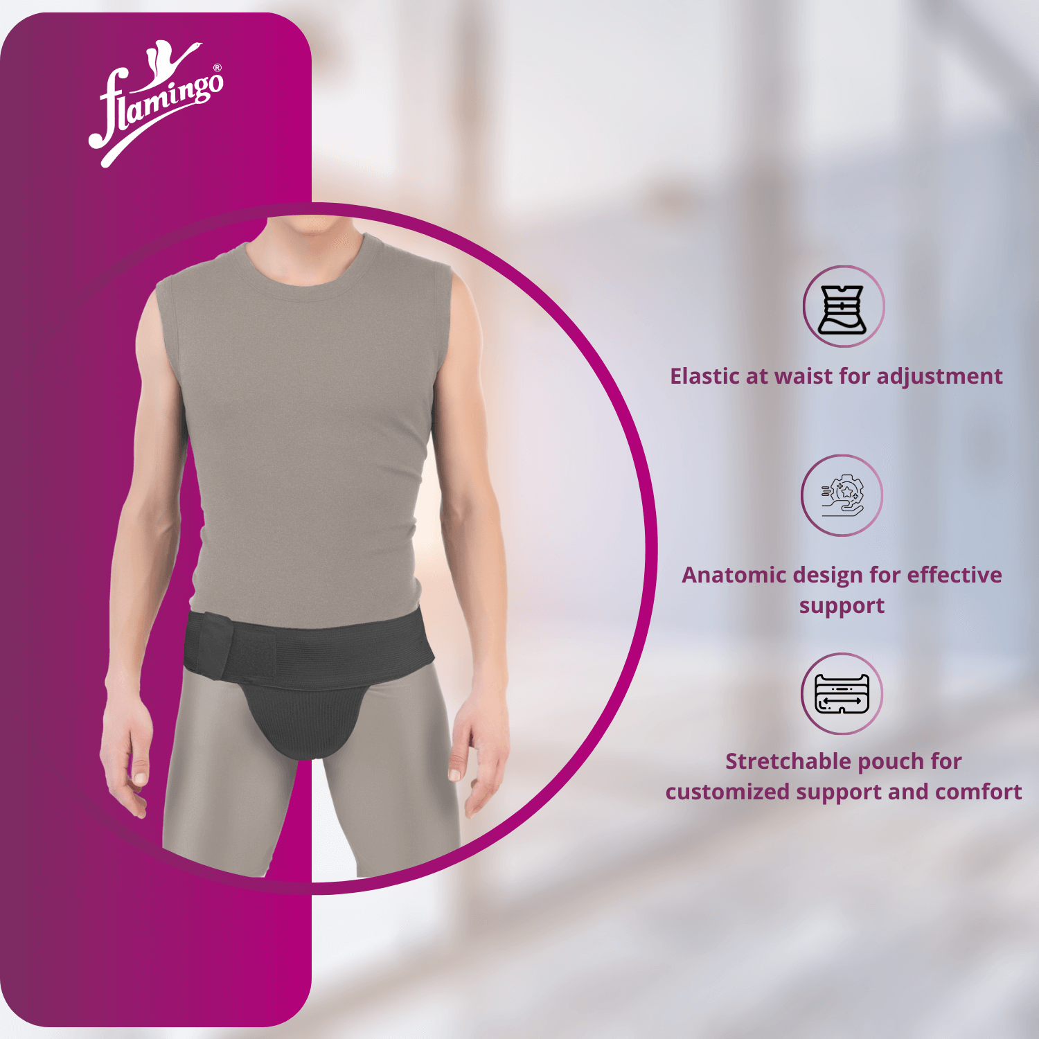 Flamingo Scrotal Support, scrotal support, post-surgery support, adjustable waistband support, cremaster muscle support.
