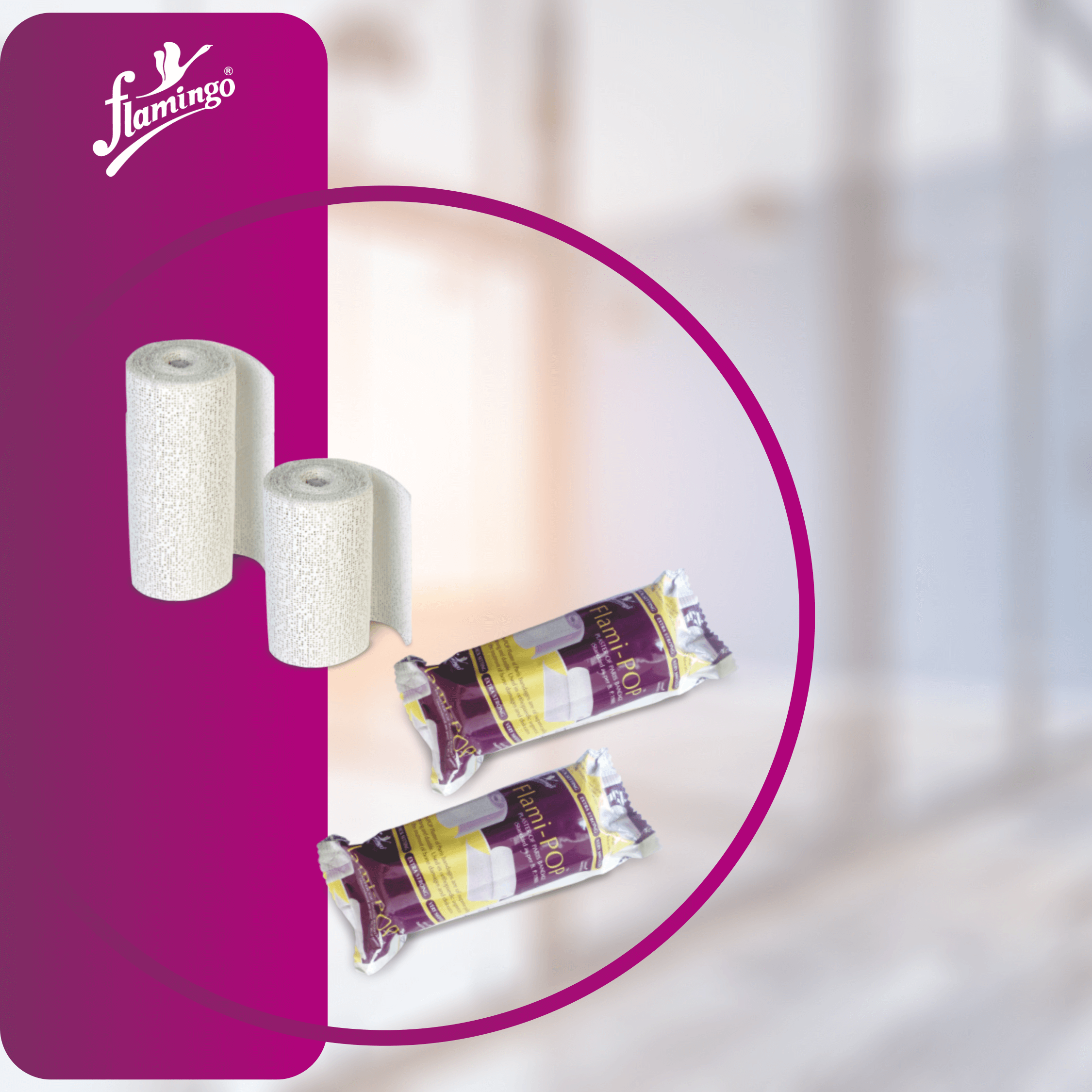 Flami Pop, post-fracture bandage, post-surgery bandage, casting bandage, immobilization bandage, orthotic fabrication bandage, prosthetic bandage, medical bandage, flexible bandage.
