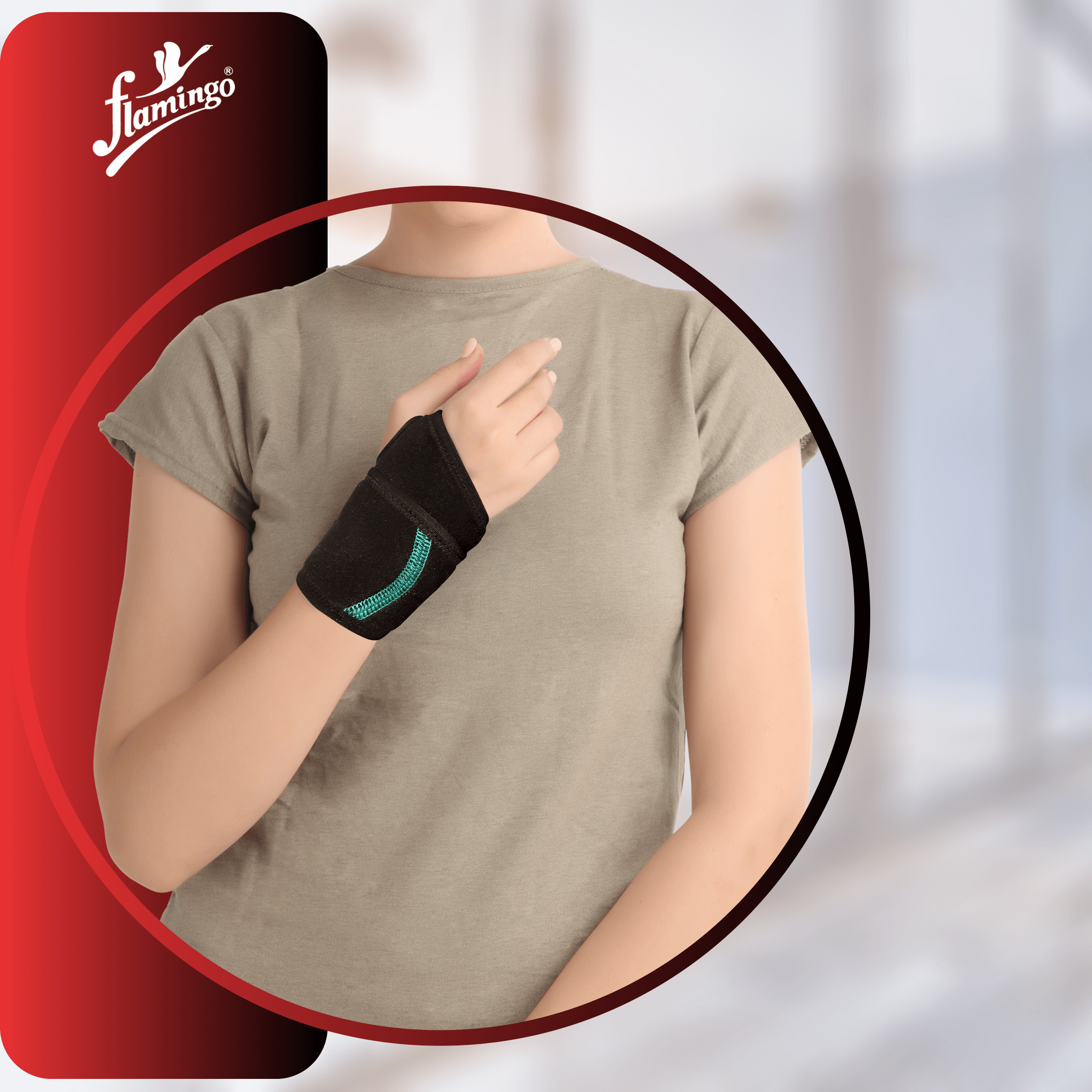 Flamingo Neoprene Wrist Thumb Brace, wrist sprain support, mild wrist injuries, thumb brace, neoprene wrist brace, adjustable wrist brace, recovery support, post-surgery wrist care.
