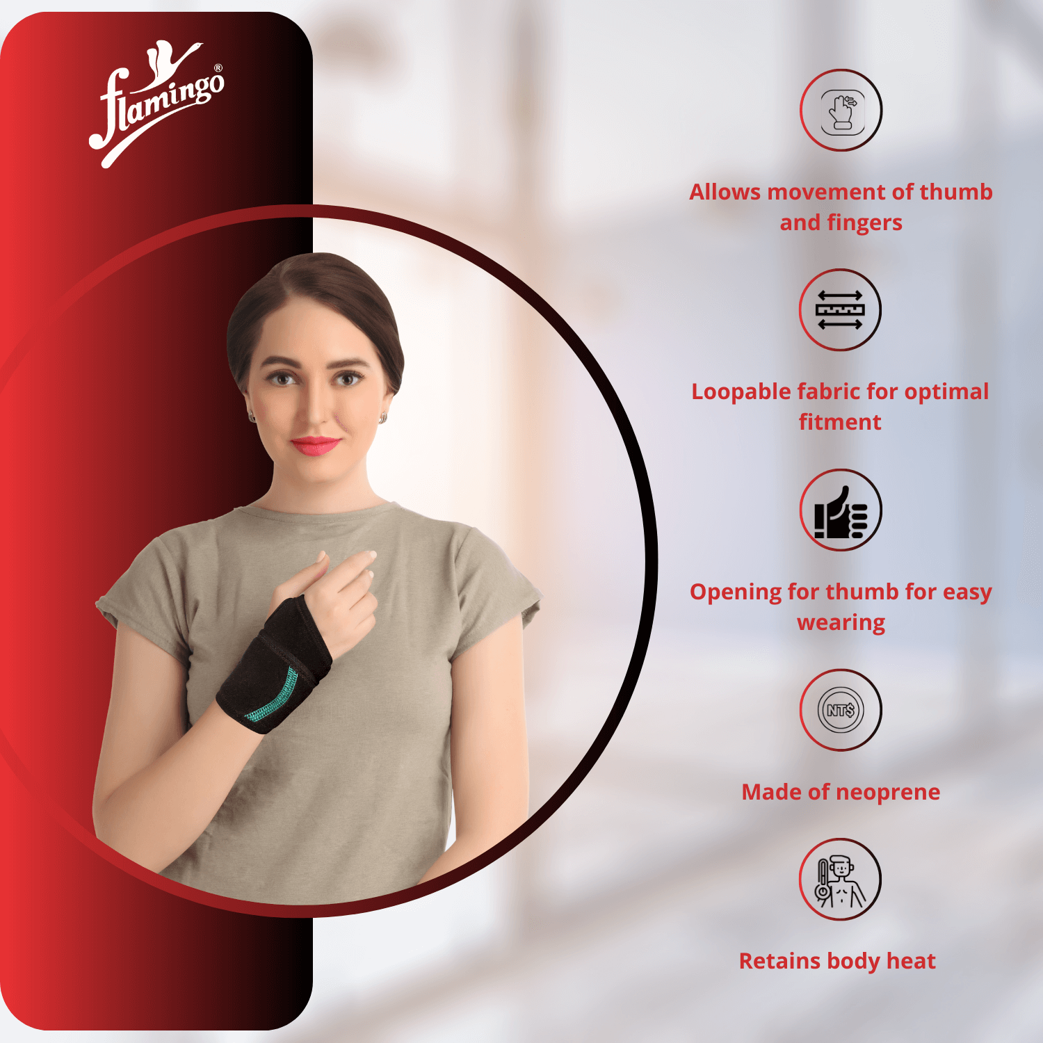 Flamingo Neoprene Wrist Thumb Brace, wrist sprain support, mild wrist injuries, thumb brace, neoprene wrist brace, adjustable wrist brace, recovery support, post-surgery wrist care.
