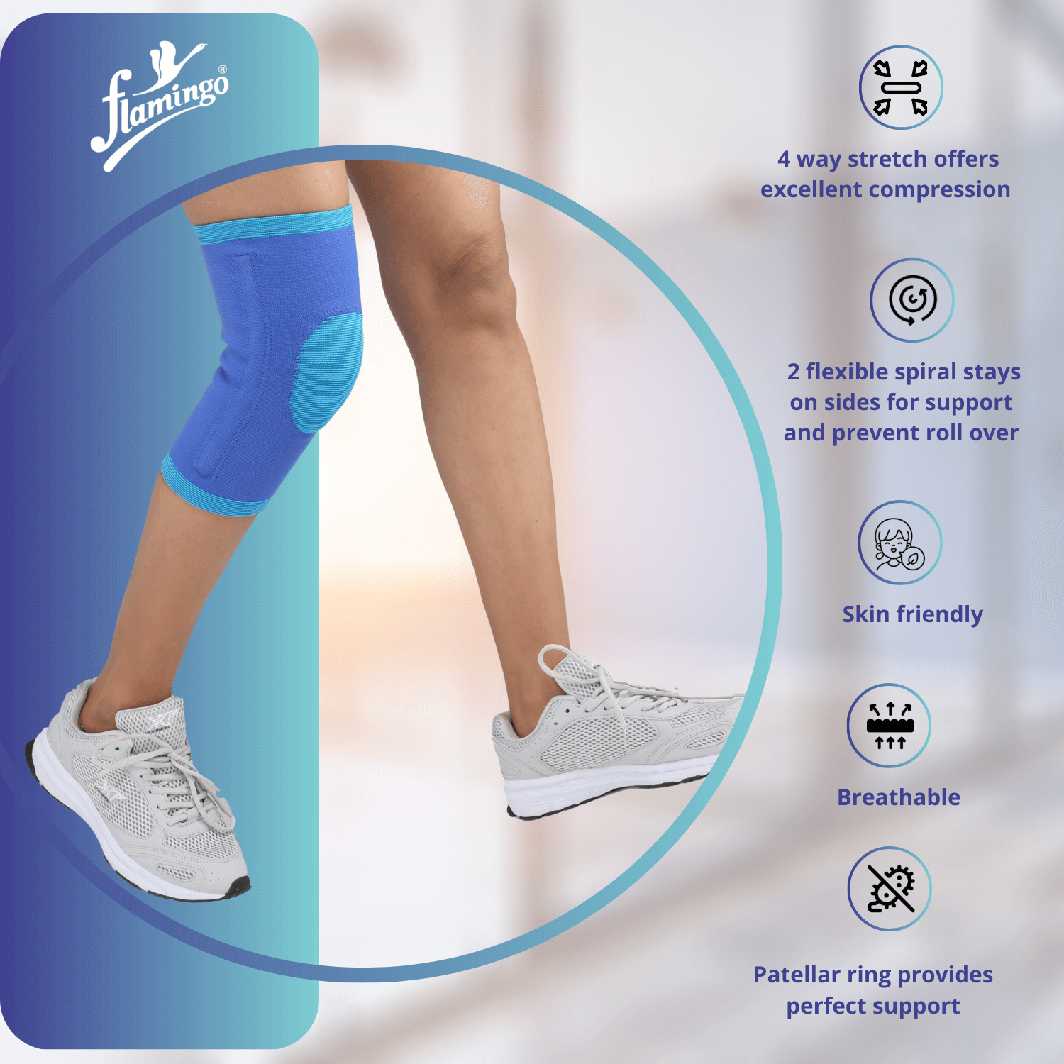 Flamingo Premium Flexi Hinged Knee Sleeve, knee support, silicone patella ring knee brace, knee sprain relief, patellar injury support, hinged knee sleeve, arthritis knee support.