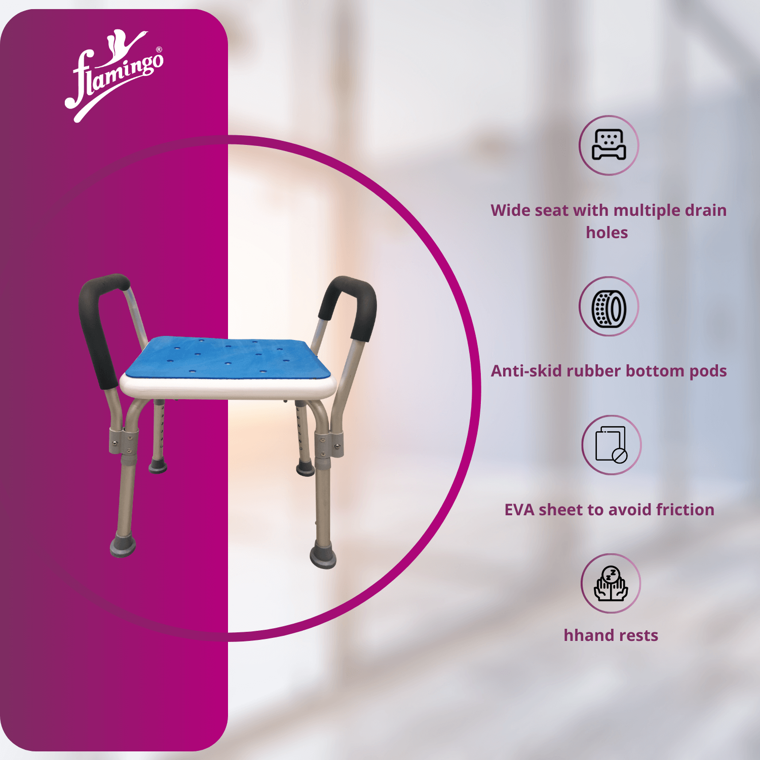 Shower stool with rails
Height adjustable shower stool
Shower seat with handrails
Bathroom chair with backrest
Anti-slip shower stool
Shower stool for elderly
Corrosion-resistant bathroom stool

