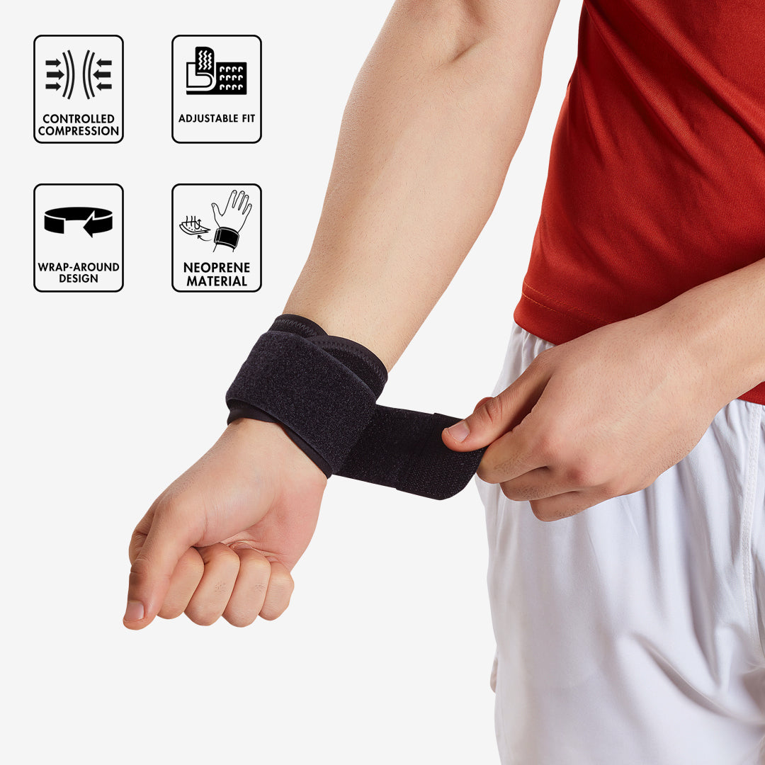 Flamingo Neoprene Wrist Wrap, wrist sprain support, mild wrist injury support, adjustable wrist brace, neoprene wrist wrap, breathable wrist support, customizable wrist wrap.

