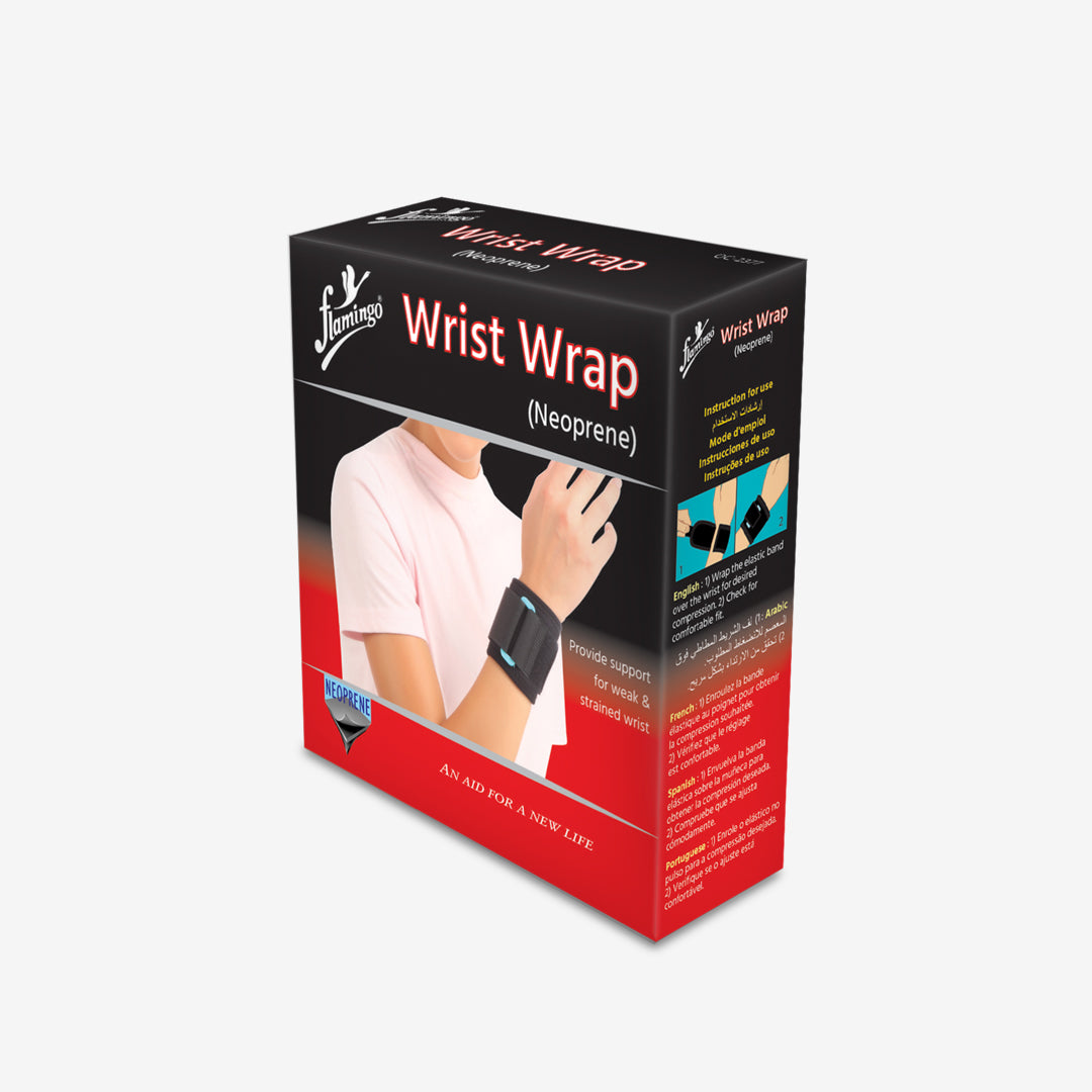Flamingo Neoprene Wrist Wrap, wrist sprain support, mild wrist injury support, adjustable wrist brace, neoprene wrist wrap, breathable wrist support, customizable wrist wrap.
