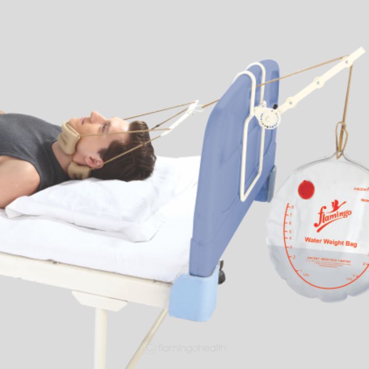 Flamingo Universal Traction Kit, traction kit, leg traction, cervical traction, back pain therapy, lumbar disc herniation, adjustable traction, water weight bag.
